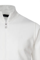 Regular fit white cotton full-zip mock neck cardigan with sleek modern design and metallic zipper pull