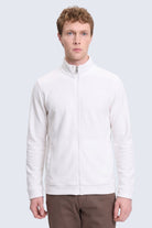 Regular fit white cotton full-zip mock neck cardigan with high collar and ribbed cuffs in fleece material