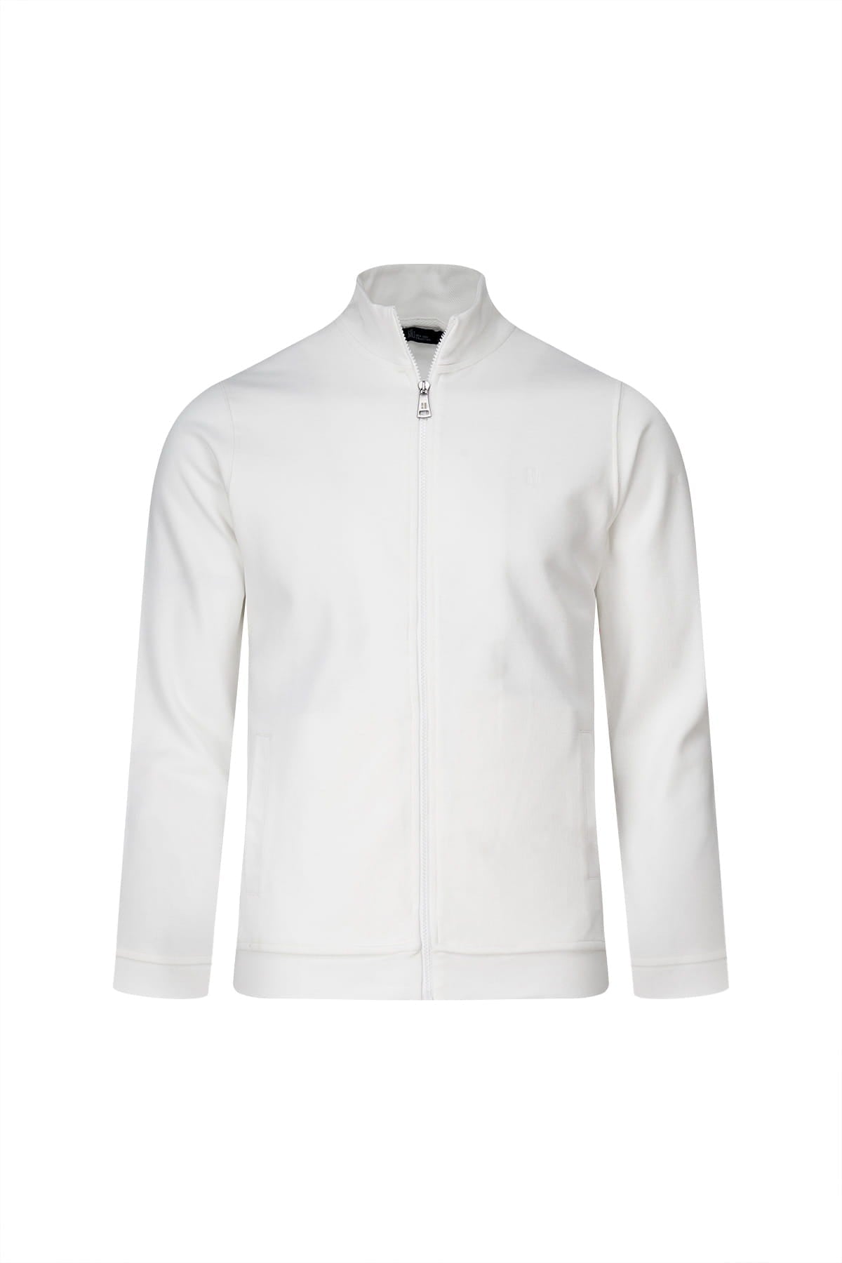 Regular fit white cotton full-zip mock neck cardigan with sleek minimalist design and smooth fabric