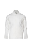 Regular fit white cotton full-zip mock neck cardigan with sleek minimalist design and smooth fabric