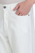 Regular fit white five pocket cotton denim pants with silver button and matching rivets in white denim fabric