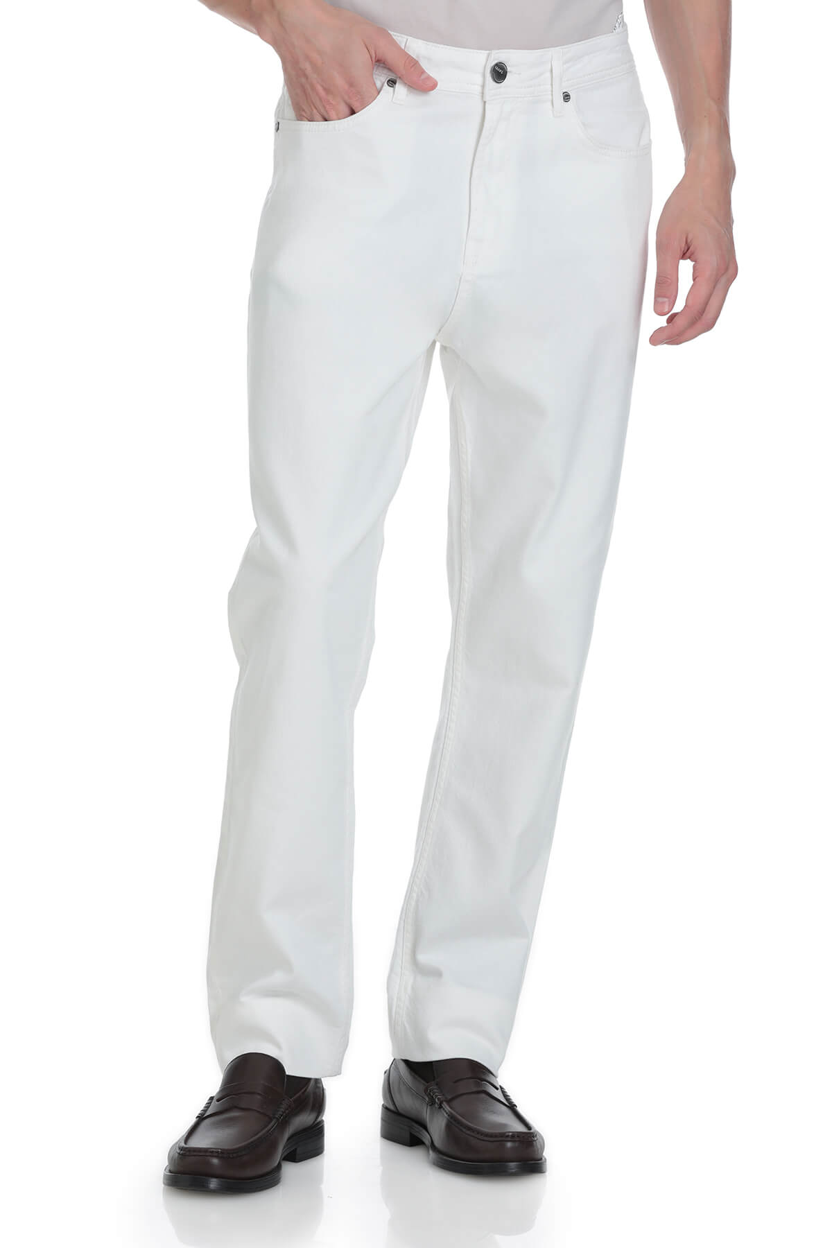 Regular fit white cotton denim pants with classic five-pocket design and button closure for everyday wear