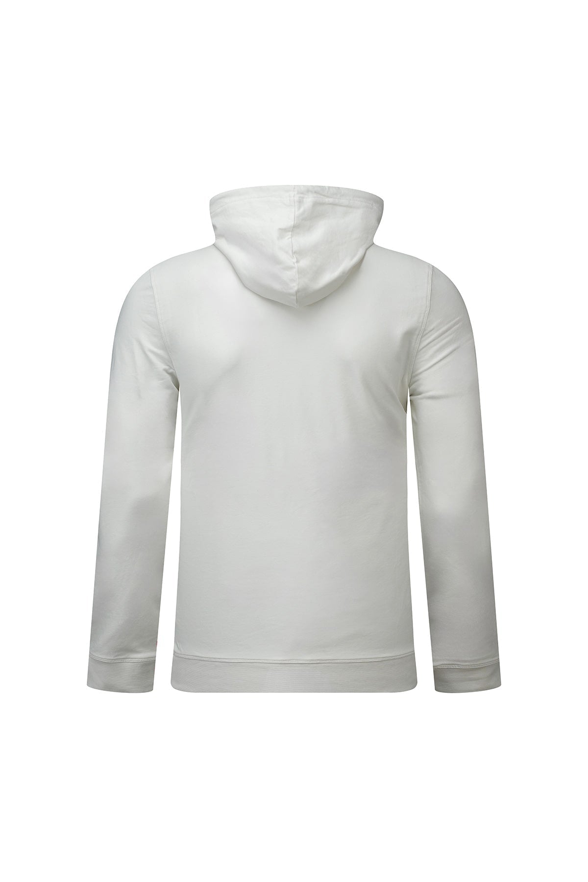 Regular fit white pullover hoodie with long sleeves smooth slightly shiny fabric and geometric chest graphic
