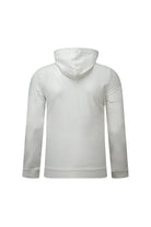 Regular fit white pullover hoodie with long sleeves smooth slightly shiny fabric and geometric chest graphic