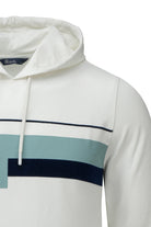 Regular fit white graphic print pullover hoodie with teal and navy blue horizontal stripes and drawstring hood