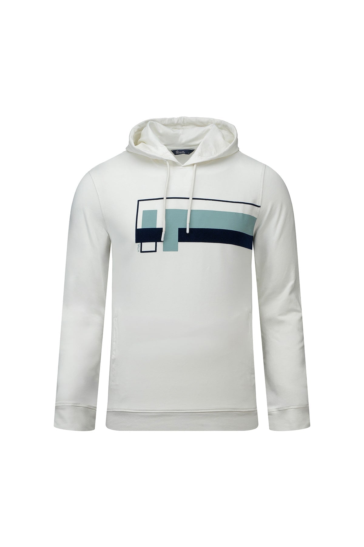 Regular fit white pullover hoodie with a geometric chest graphic in teal and navy blue for casual wear