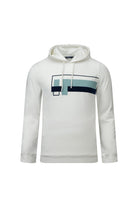 Regular fit white pullover hoodie with a geometric chest graphic in teal and navy blue for casual wear