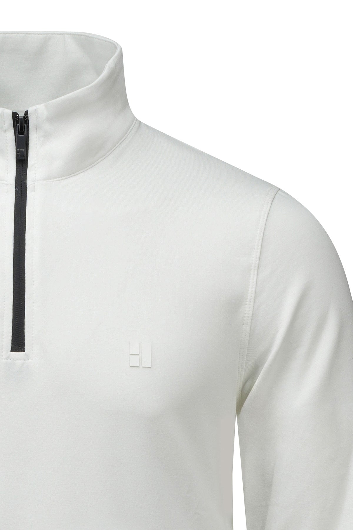 Regular fit white quarter zip mock neck sweatshirt with black zipper and subtle chest logo in athletic style