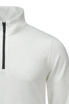 Regular fit white quarter zip mock neck sweatshirt with black zipper and subtle chest logo in athletic style