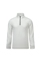 Regular fit white quarter-zip mock neck sweatshirt with long sleeves and black zipper featuring a subtle chest logo