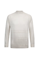 Cream-colored, long-sleeved turtleneck sweater with subtle horizontal ribbed detailing across the chest.