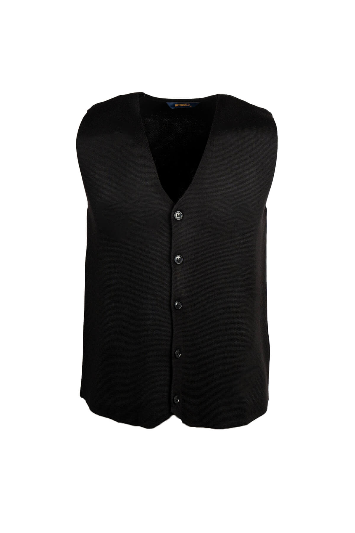 Black textured knit vest with five silver buttons down the front.