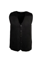 Black textured knit vest with five silver buttons down the front.