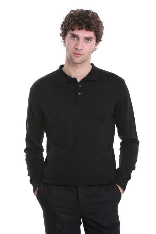 Black long-sleeved polo shirt with a classic collar and buttoned placket.