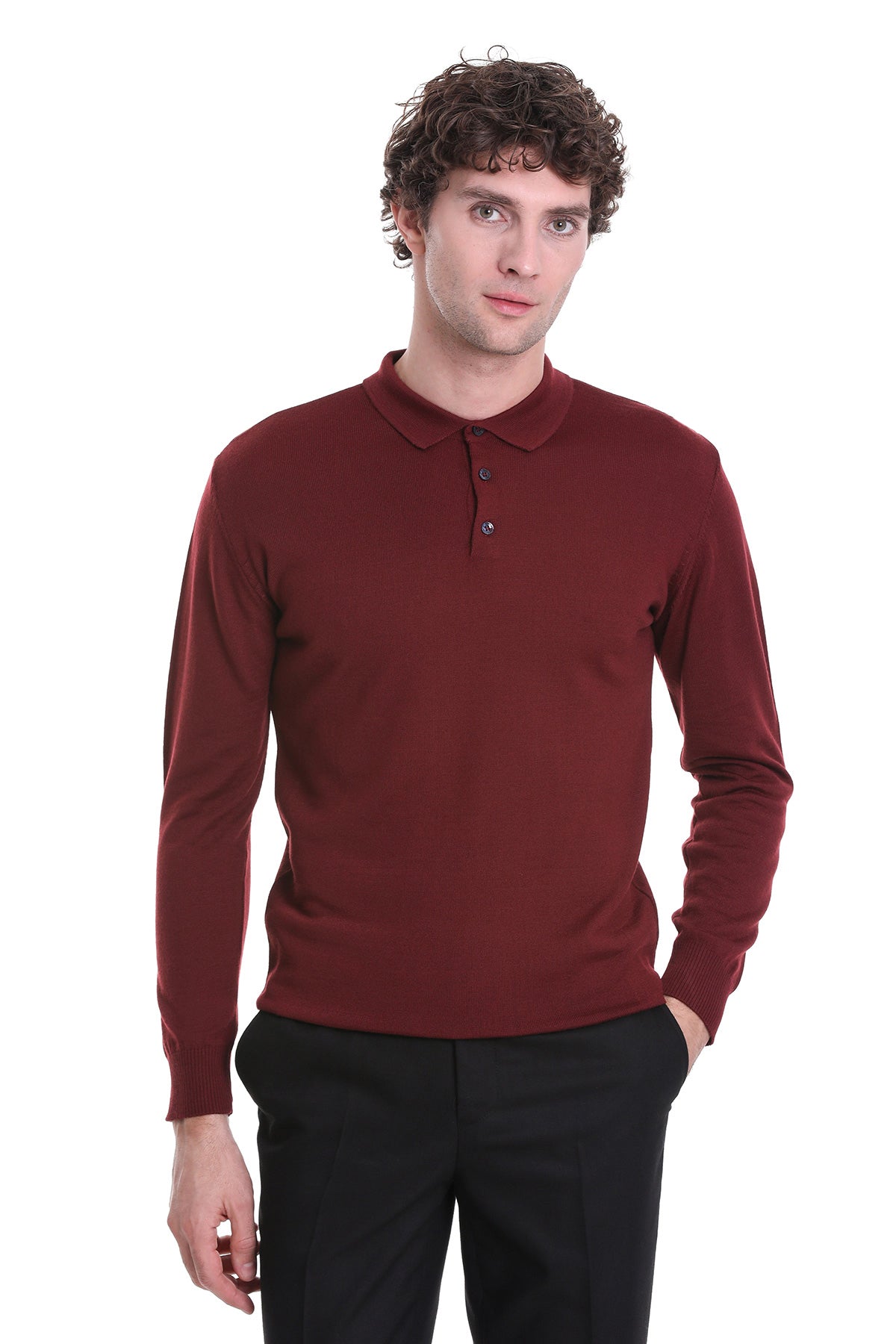 A men’s long-sleeved maroon polo shirt with a classic collar and buttoned placket.