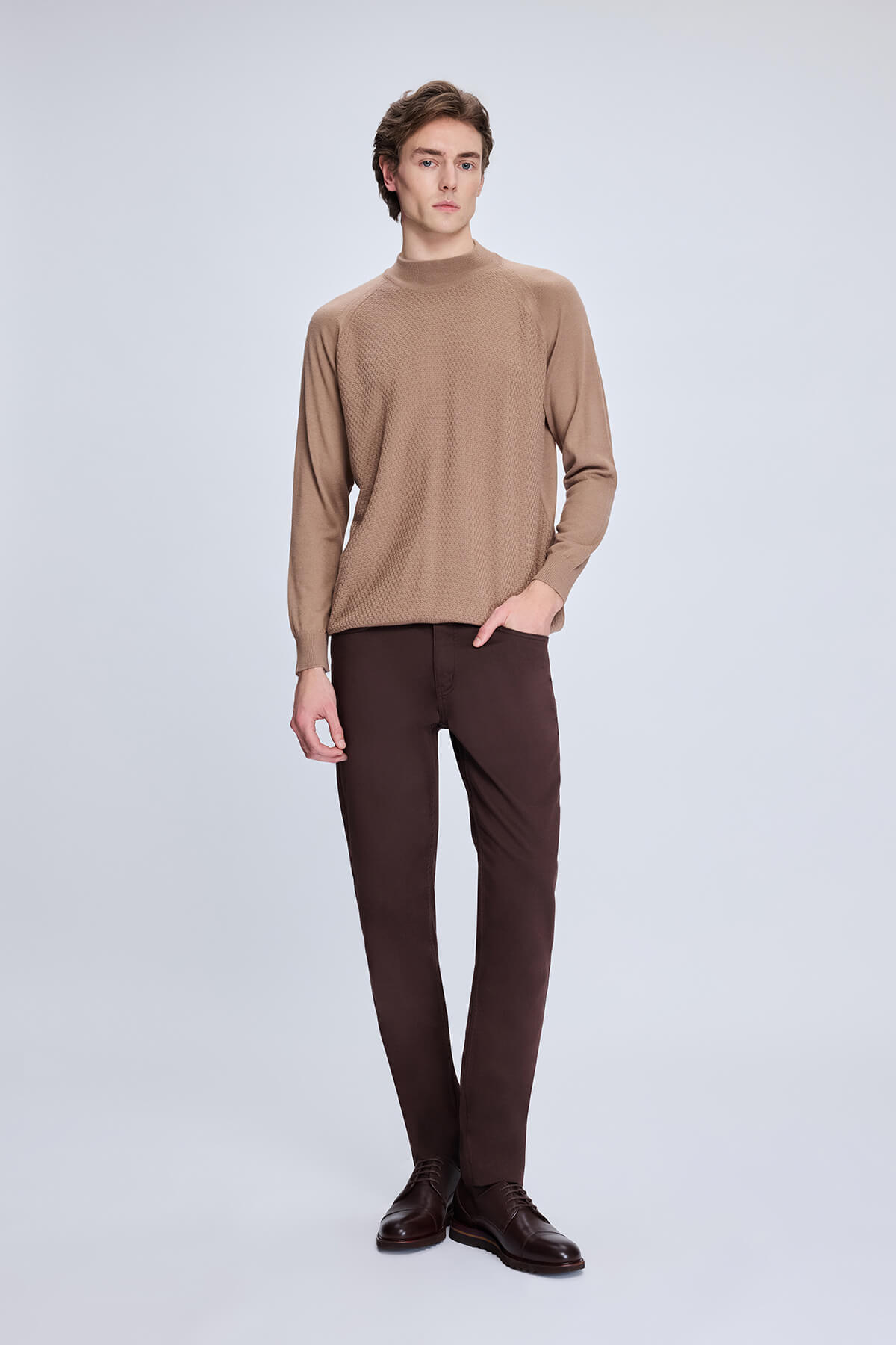 Regular Fit Wool Blend Brown Mockneck Sweater - MIB