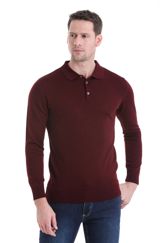 A rich burgundy long-sleeved knit polo shirt with a classic collar and buttoned placket.