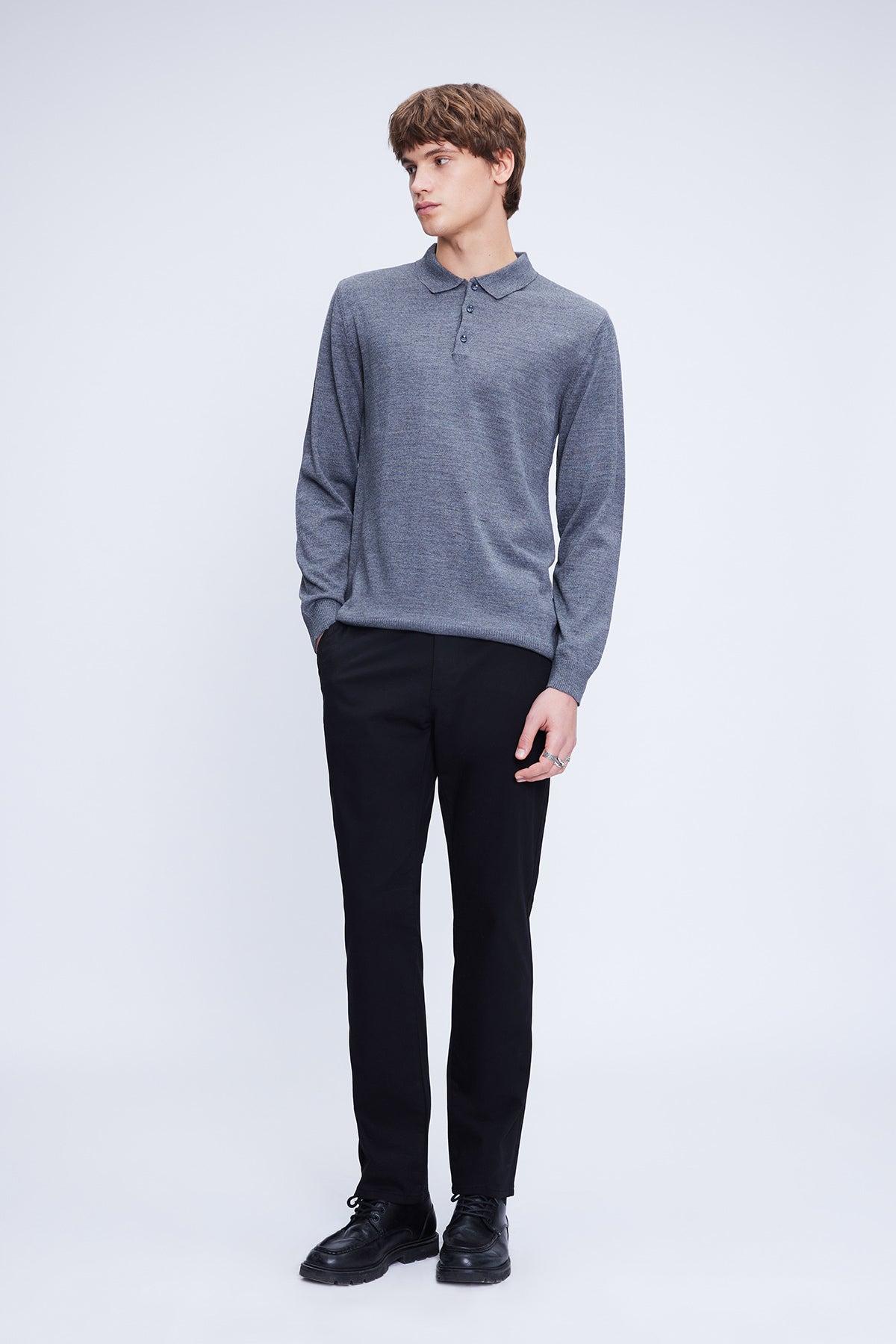 Regular Fit Wool Blend Dark Gray Polo Collar Sweater - SAYKI