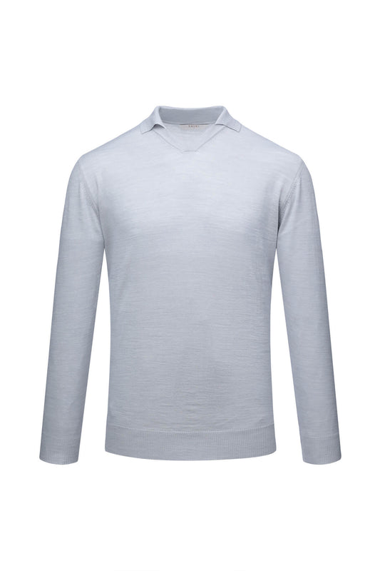 Light gray cashmere blend sweater with a subtle textured knit and classic collar.