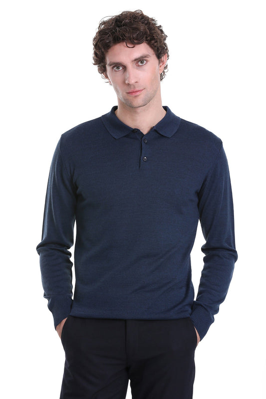 Navy blue long-sleeved polo shirt with a classic collar and two-button placket