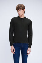 Regular Fit Wool Blend Khaki Polo Collar Sweater - SAYKI