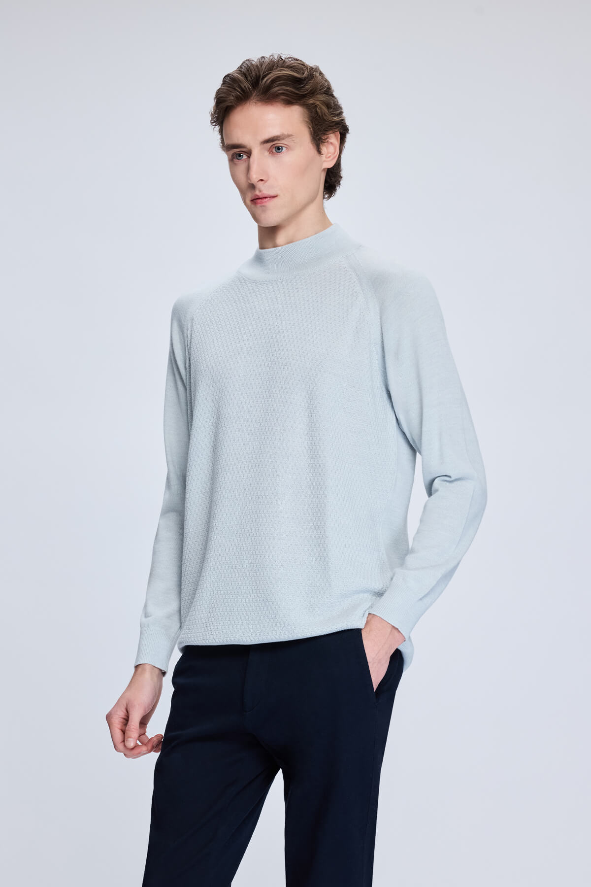 Regular Fit Wool Blend Light Gray Mockneck Sweater - MIB