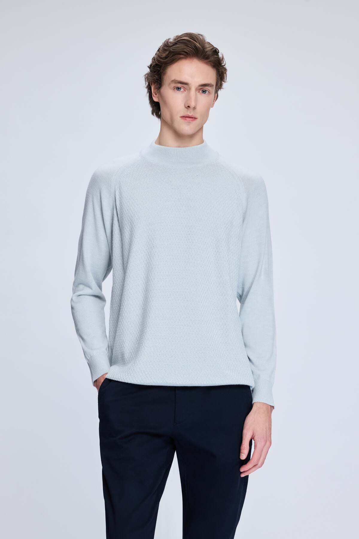 Regular Fit Wool Blend Light Gray Mockneck Sweater - MIB