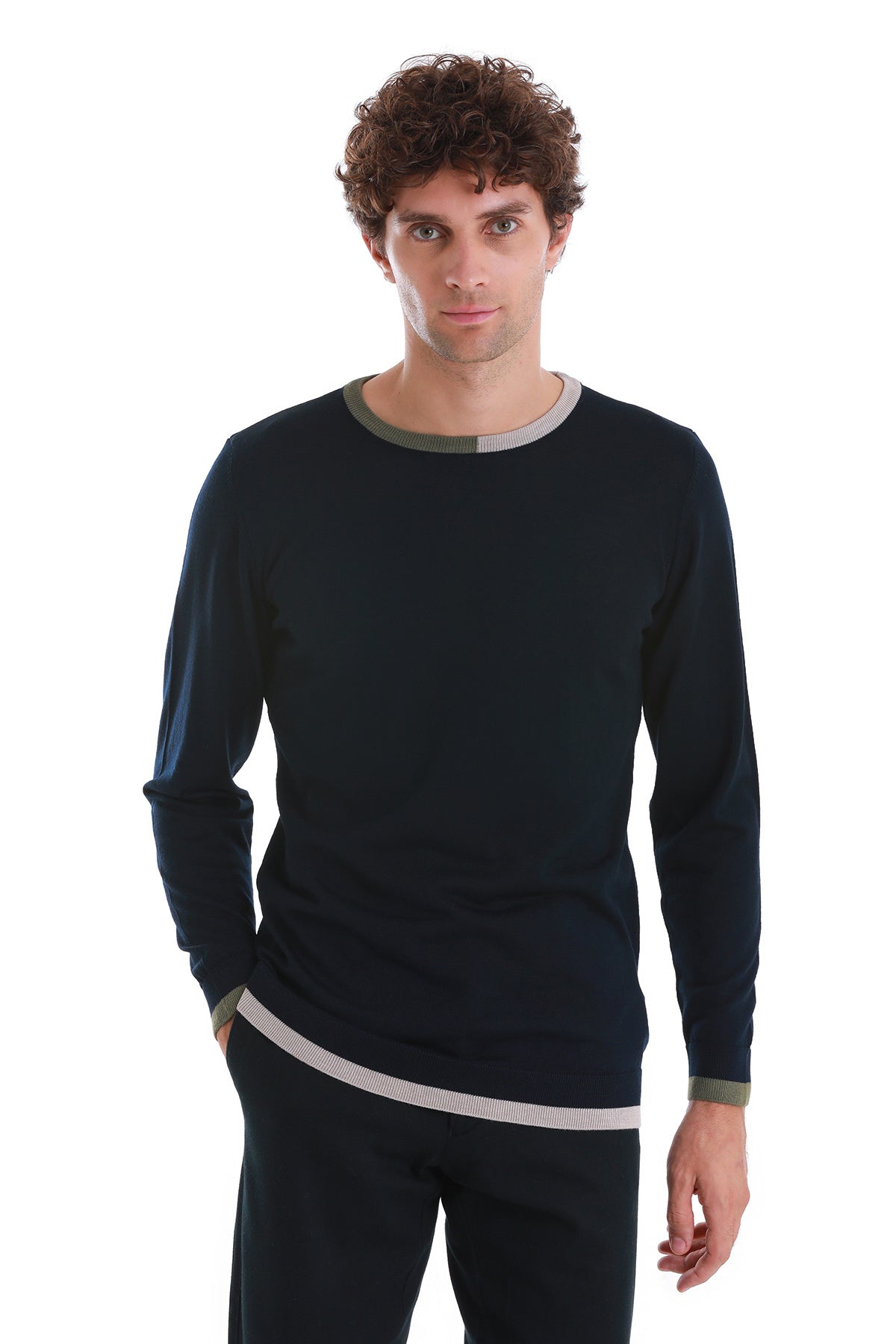 Dark navy long-sleeved sweater with contrasting light gray ribbed trim at the neckline and hem.