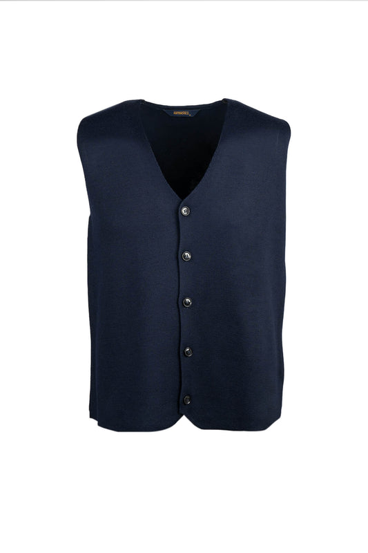 A navy blue, button-front knit vest with a subtle textured pattern and silver-toned buttons.