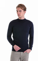 Regular Fit Wool Blend Navy Mock Neck Sweater - SAYKI