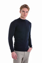 Regular Fit Wool Blend Navy Mock Neck Sweater - SAYKI