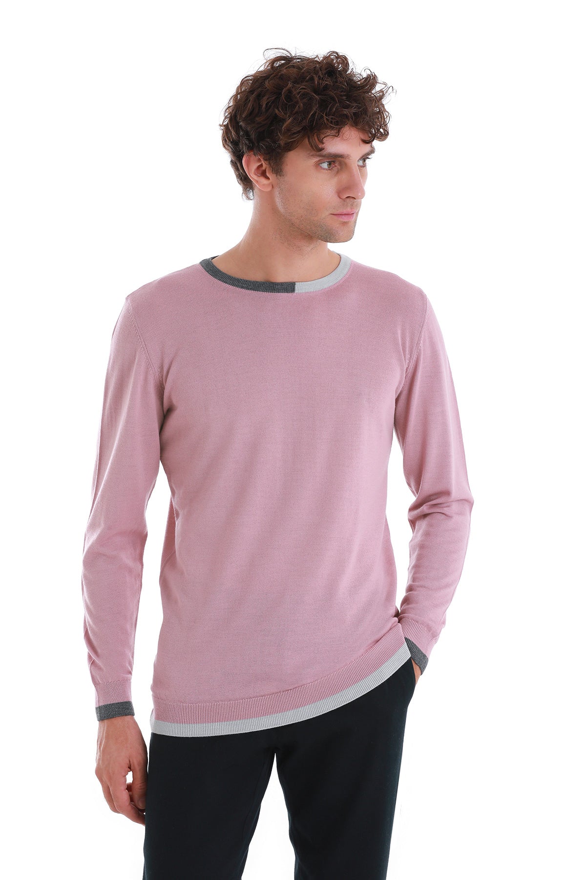 A soft pink long-sleeved sweater with a ribbed crew neck and cuffs accented in gray.