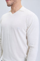 A crisp white regular fit johnny polo sweater with a subtle textured knit made from wool blend material