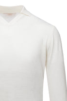 A crisp white regular fit johnny polo sweater with a subtle textured knit and wool blend fabric