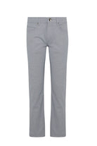 Gray slim-fit trousers with a subtle textured weave and classic five-pocket design.