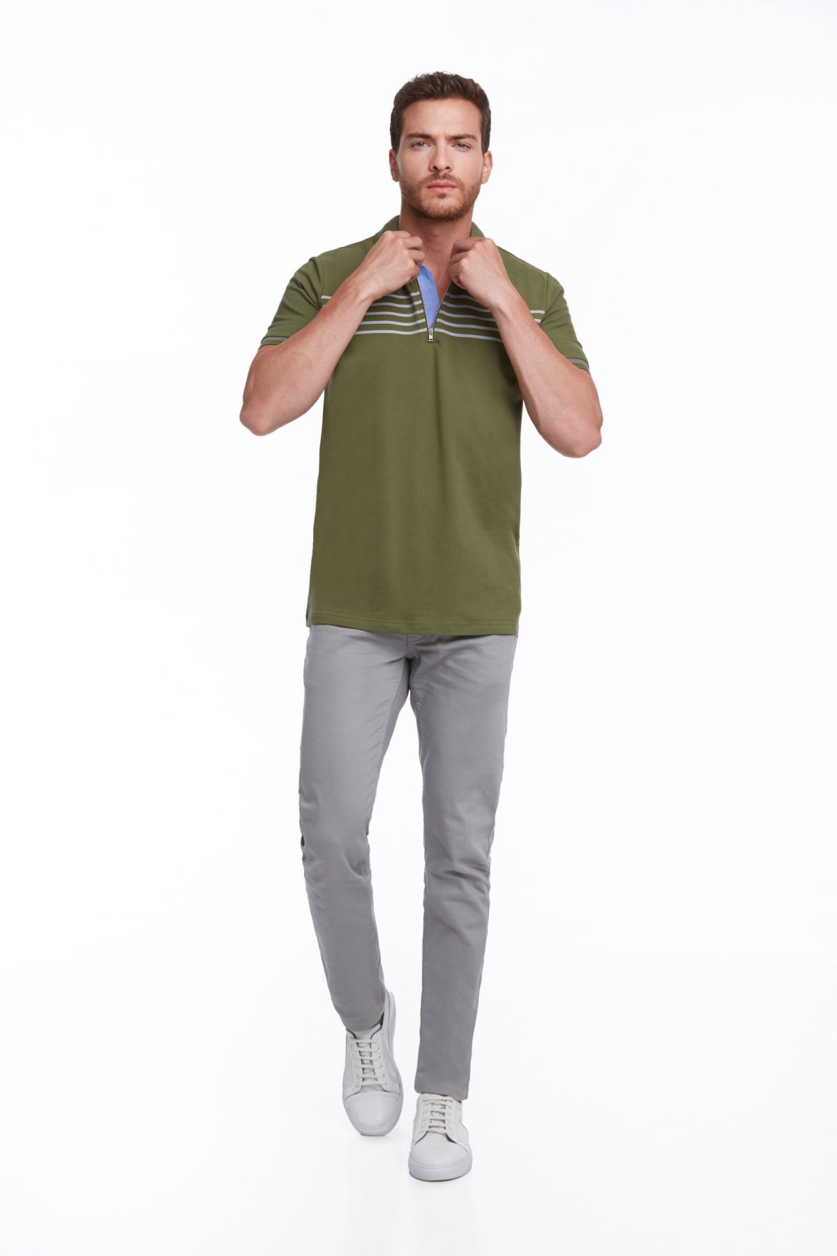 Regular Fit Zip Collar Khaki Cotton Polo T-Shirt - MIB