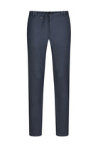 Dark navy blue men’s dress pants with a drawstring waistband and subtle stitching details.
