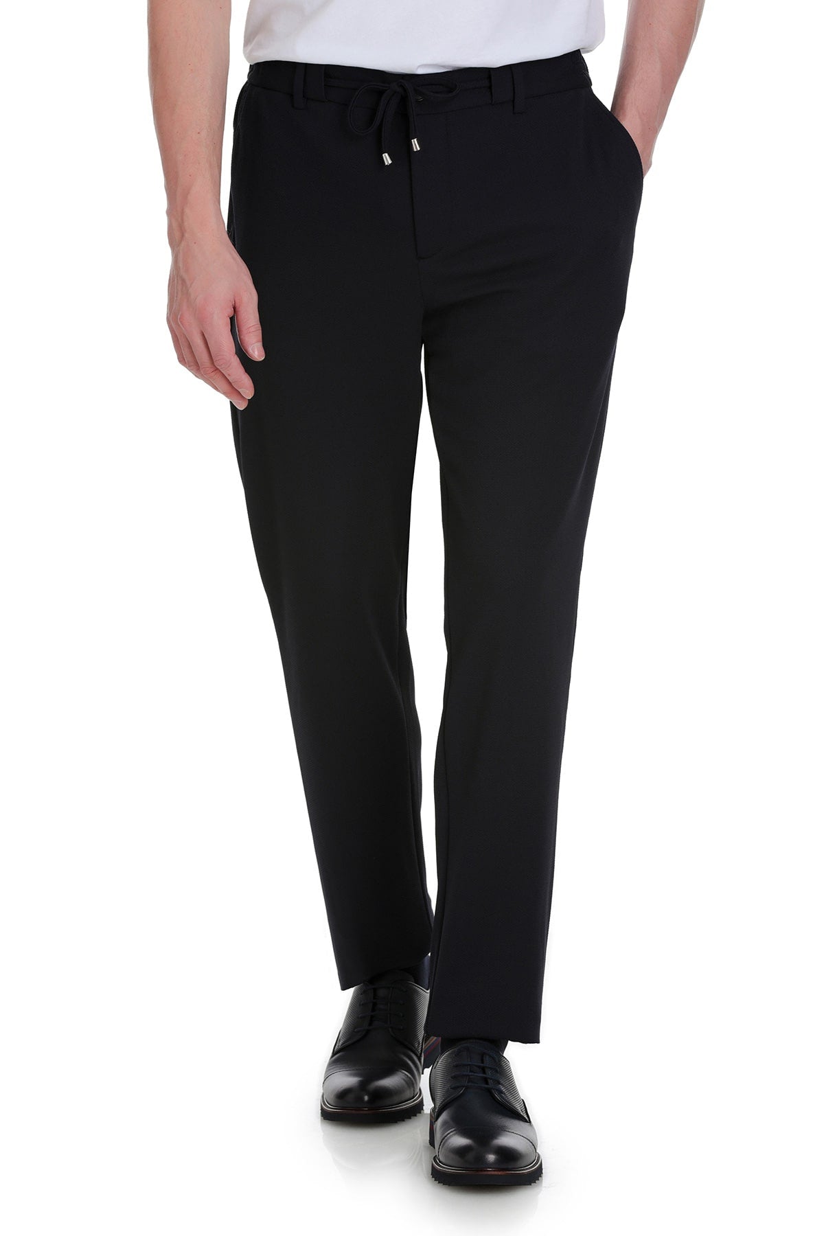 Black drawstring trousers with a sleek, tailored fit and subtle texture.