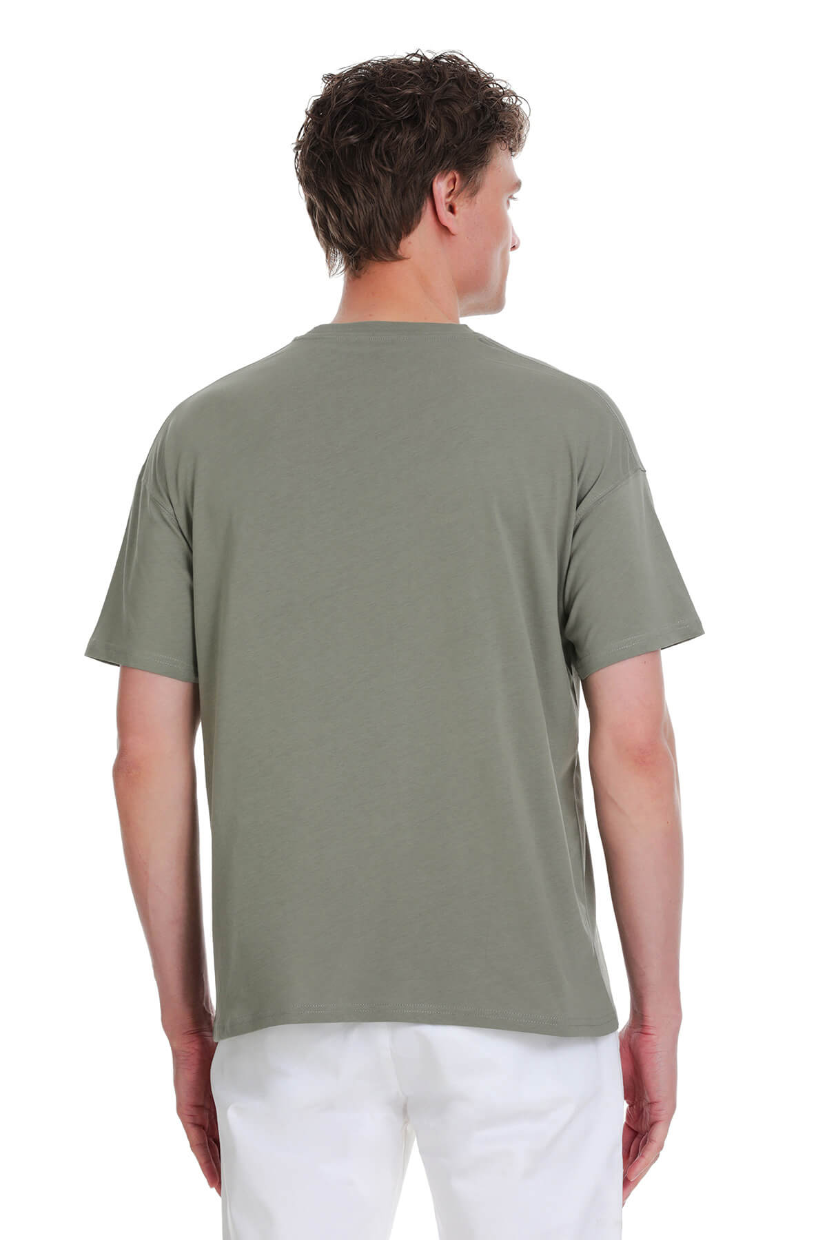 Olive green short-sleeved cotton t-shirt with a simple crew neck in a sage green oversize style