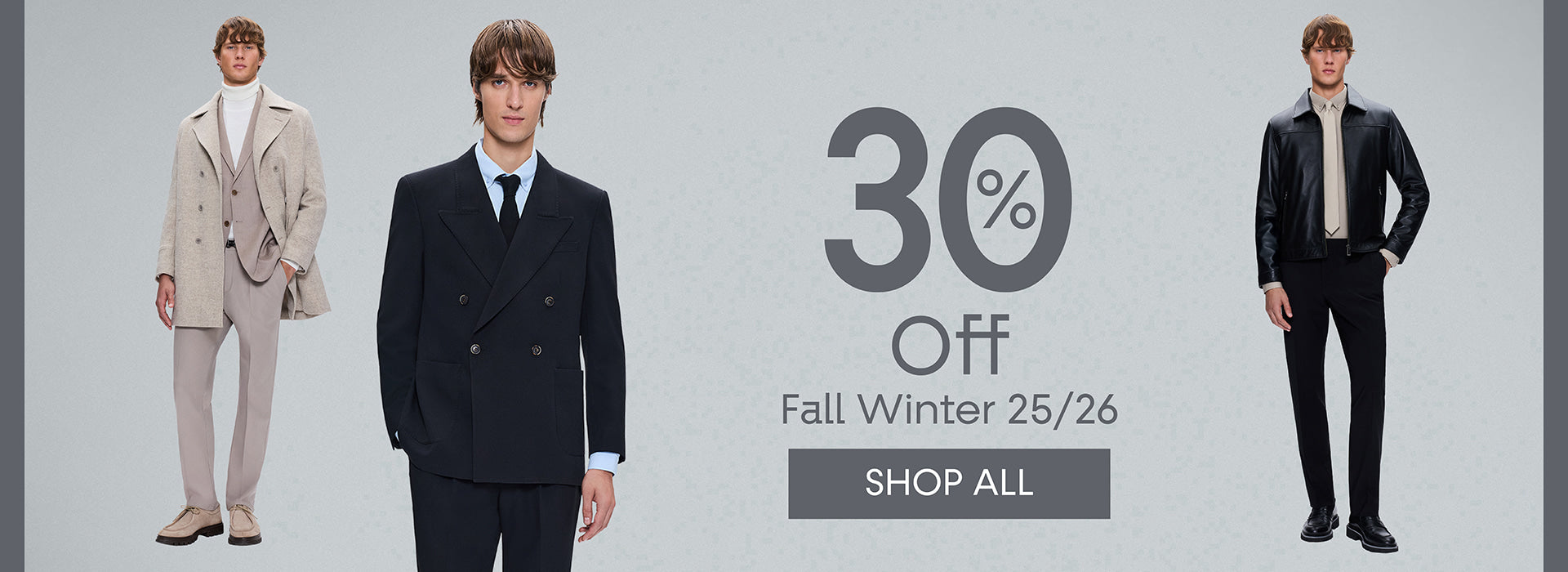 Promotional banner for men's fall winter clothing with suits and a 30 percent discount offer.
