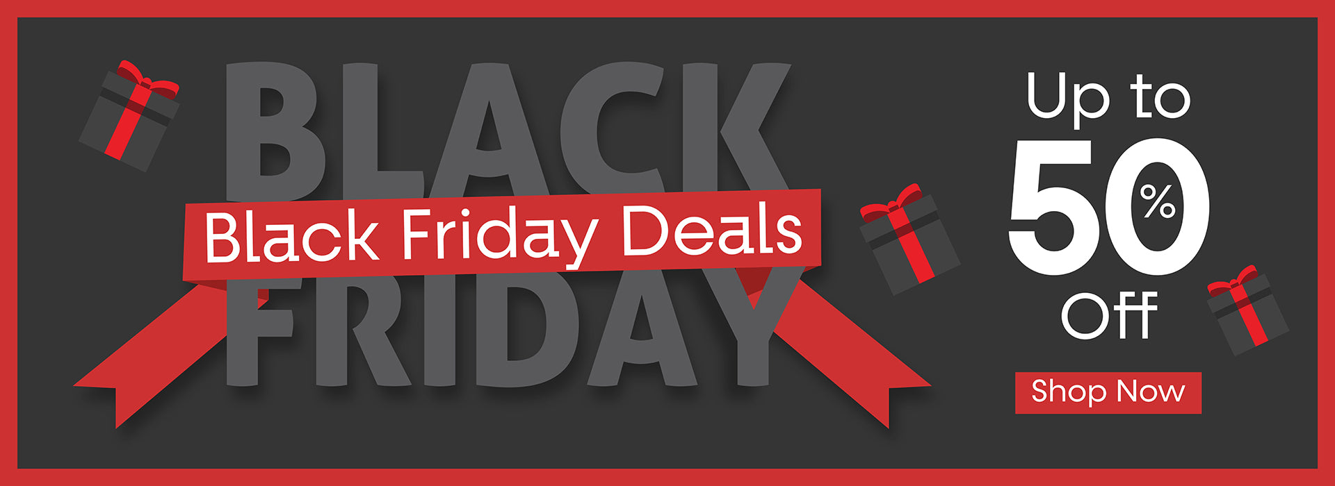 Black Friday promotional banner with text and gift icons on a dark background