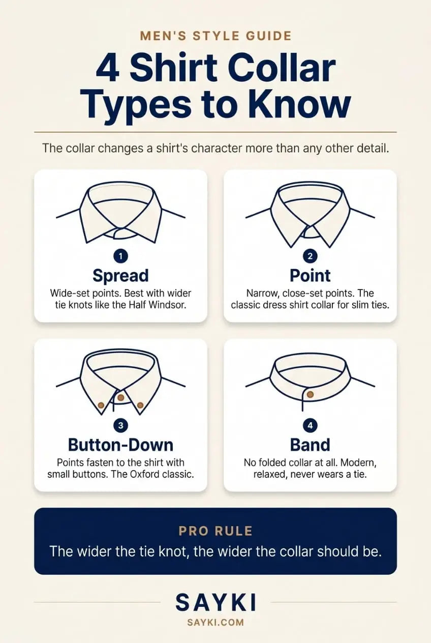 Infographic illustrating 4 men's shirt collar types with technical sketches: 1) Spread collar with wide-set points for wider tie knots like the Half Windsor, 2) Point collar with narrow close-set points for slim ties, 3) Button-Down collar with cognac buttons fastening the points to the shirt body, 4) Band collar with no folded collar at all for a modern relaxed look