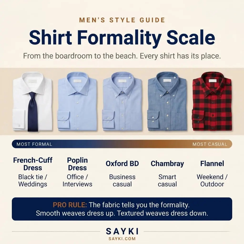 Infographic comparing five men's shirts arranged from most formal to most casual: white French-cuff dress shirt with navy tie for black tie events, light blue poplin dress shirt for office and interviews, light blue Oxford button-down for business casual, mid-blue chambray for smart casual, and red and black buffalo check flannel for weekend and outdoor wear