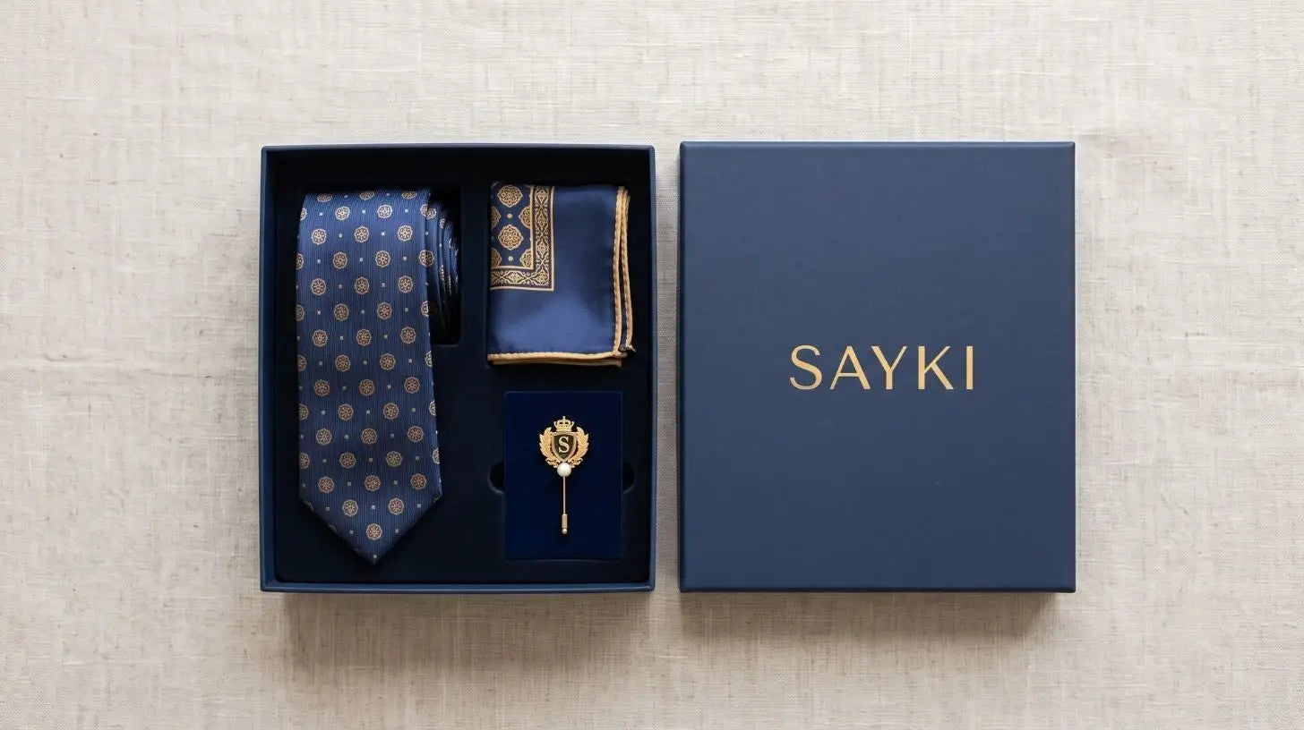 SAYKI gift box set with a navy and gold medallion-pattern tie, matching pocket square, and gold lapel pin with S monogram crest