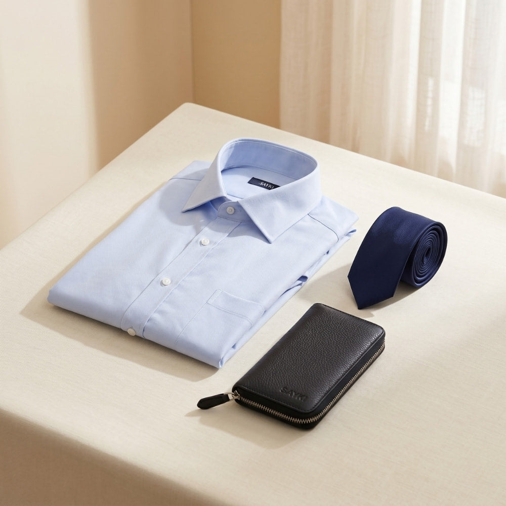 Light blue dress shirt, navy tie, and black wallet on a beige surface with a neutral background