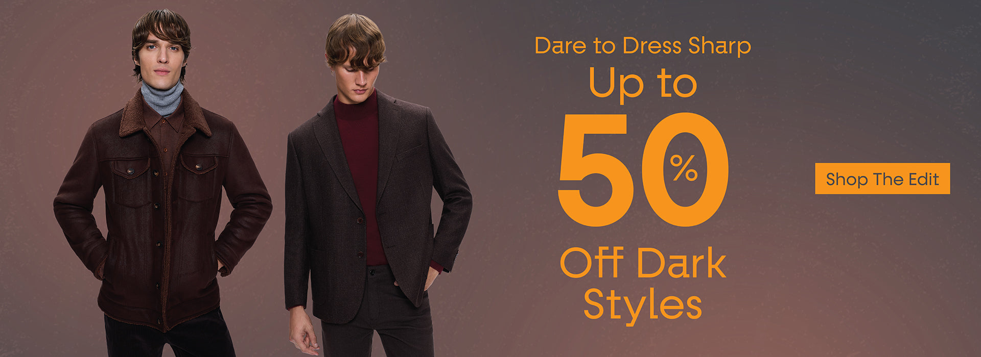 Two men in dark suits with a promotional banner offering up to 50% off dark styles.