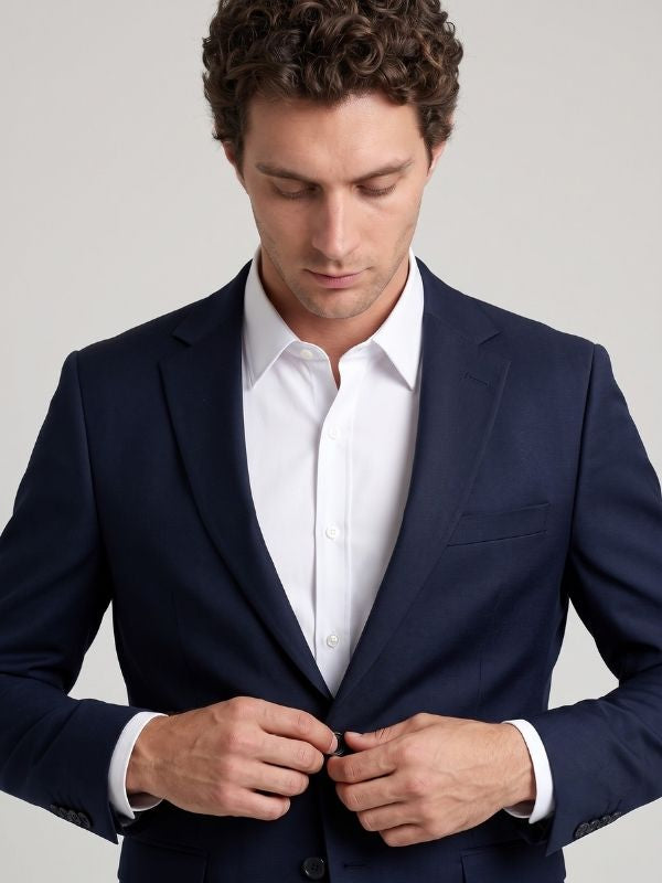 Man in a SAYKI slim fit white dress shirt buttoning his navy suit jacket