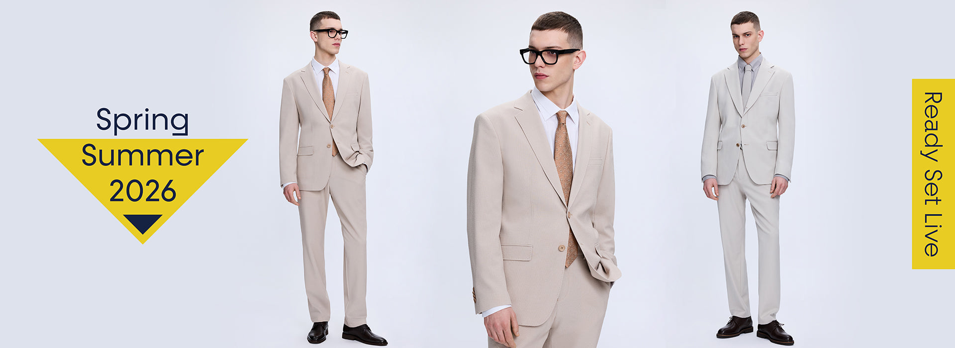 Three men wearing beige suits with text indicating Spring Summer 2026 and Ready Set Live.