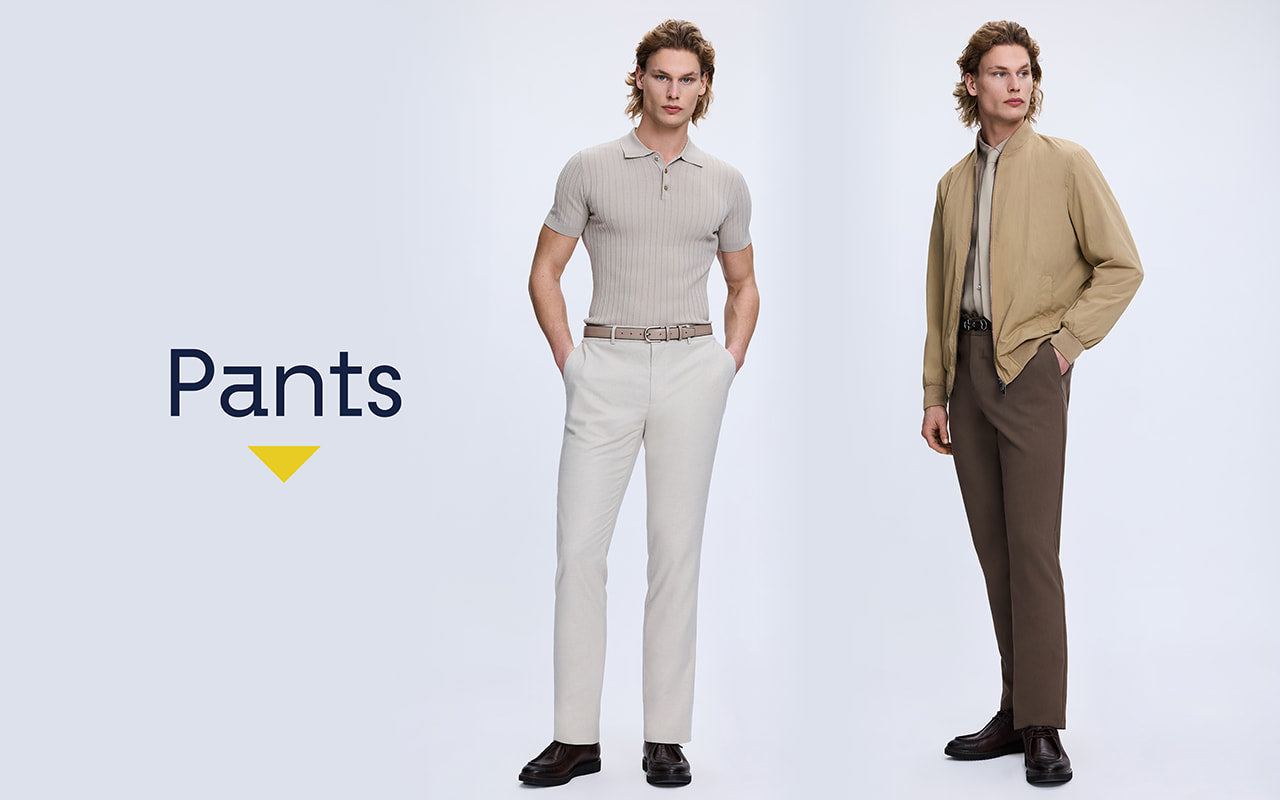 Two men wearing pants with a 'Pants' label on a light gray background