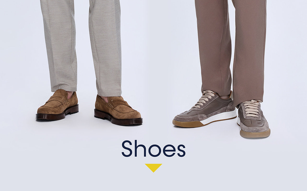 Two pairs of shoes worn with beige pants on a white background, labeled 'Shoes'.